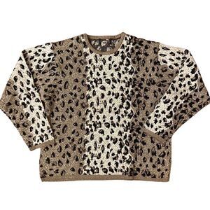 Vintage Crewneck Leopard Print Sweater Beaded Metallic Gold Cream Black Medium